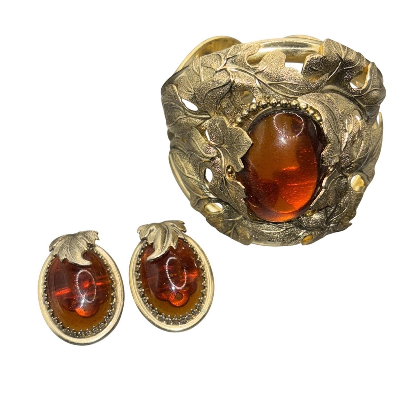 Vintage Whiting Davis Amber Glass Leaf Cuff Bracelet Earrings Set Signed Gold 171$